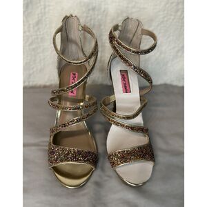 Betsey Johnson Izzy Gold Glitter Strappy Heels, Size 10M